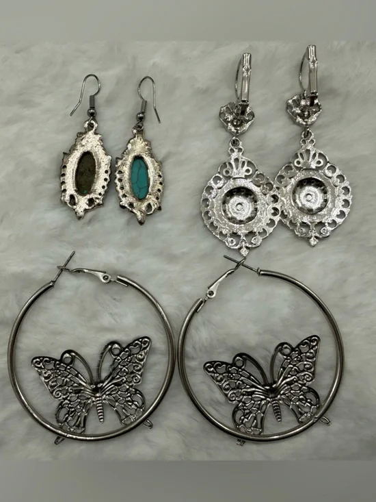 Silver tone pierced earring lot-Butterfly Hoops, Turquoise Oval & Filigree Drop - Picture 7 of 7